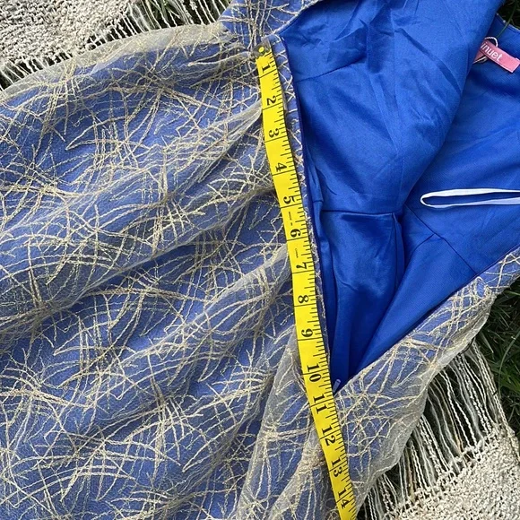 🌺 MINUET; Brand New w/Tags! Unique Blue w/Gold Overlay Party Dress; Misses XS/S - Picture 11 of 13
